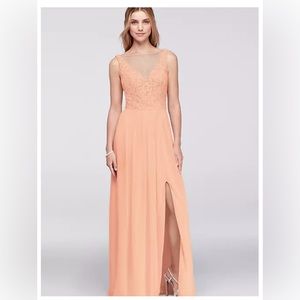 David’s Bridal Long Mesh Floral Peach Bellini Maxi Bridesmaids Gown